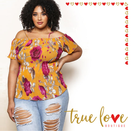 Floral Mustard Blouse, Floral Mustard Top, Print Floral Blouse Plus